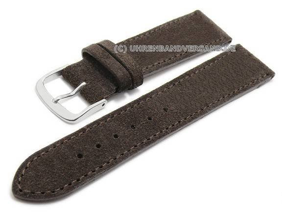 Uhrenarmband 20mm dunkelbraun echt Leder samt/velourartig mit Naht von FLUCO - Made in Germany (Schließenbreite 18 mm)