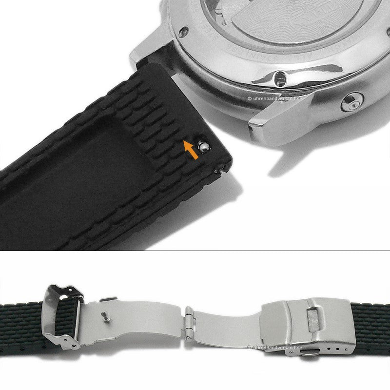 Uhrenarmband 18mm schwarz Silikon mit Struktur Sicherheits-Faltschließe & Schnellwechsel-Stegen