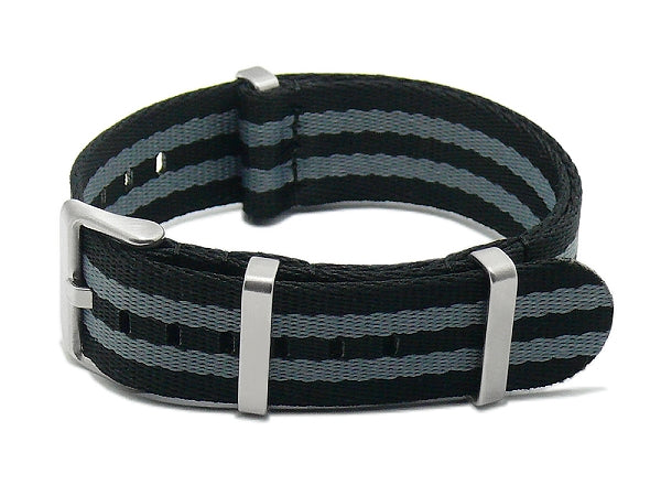 Uhrenarmband 20mm schwarz Nylon mit 2 grauen Streifen Durchzugsband im NATO-Style