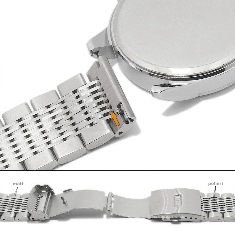 Uhrenarmband 20mm silberfarben Edelstahl massiv teilweise poliert Faltschließe mit Schnellwechsel-Stegen