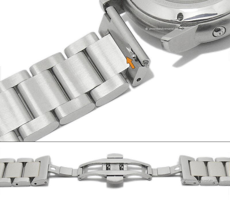 Uhrenarmband 22mm silberfarben Edelstahl massiv poliert mit Faltschließe & Schnellwechsel-Stegen