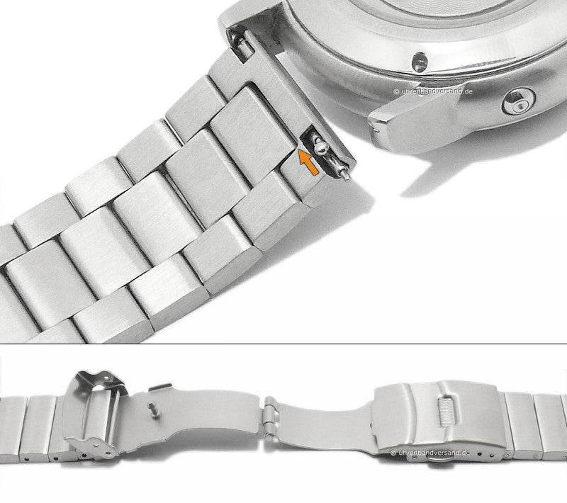 Uhrenarmband 20mm silberfarben Edelstahl massiv matt mit Sicherheits-Faltschließe & Schnellwechsel-Stegen