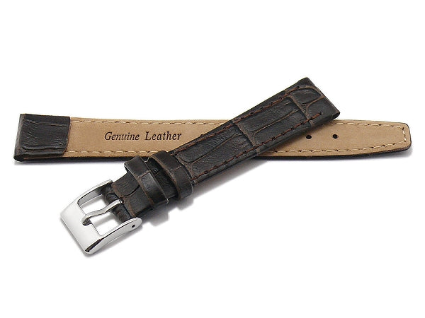 Uhrenarmband 12mm dunkelbraun Leder Clip-Anstoß Alligator-Prägung abgenäht (Schließenanstoß 10 mm)