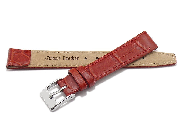 Uhrenarmband 12mm rot Leder Clip-Anstoß Alligator-Prägung abgenäht (Schließenanstoß 10 mm)