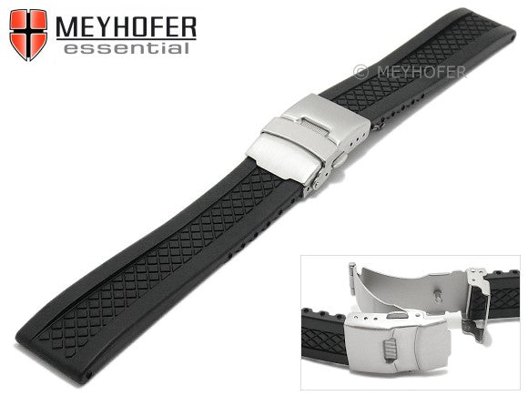 Uhrenarmband Melbourne 20mm schwarz Silikon Karomuster mit Faltschließe von MEYHOFER (Schließenanstoß 18 mm)