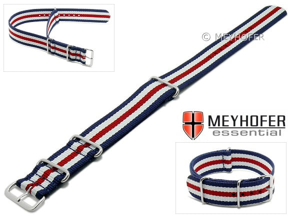 Uhrenarmband Waterville 20mm dunkelblau Textil weiße roter Streifen Durchzugsband im NATO-Style von MEYHOFER