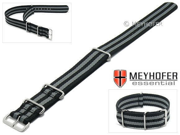 Uhrenarmband Waterville 18mm schwarz Textil graue Streifen Durchzugsband im NATO-Style von MEYHOFER