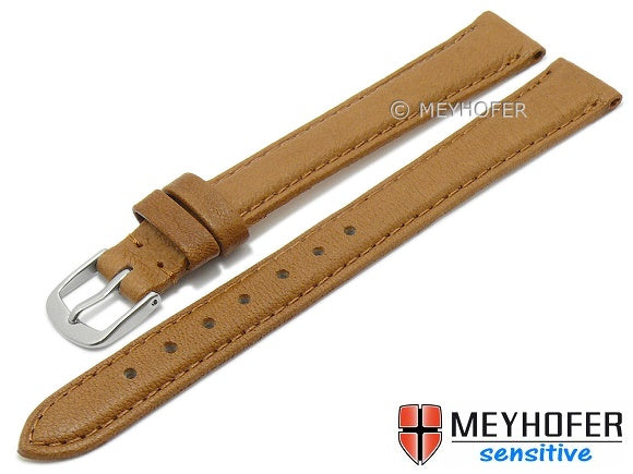 Uhrenarmband XL (extralang) Appenzell 14mm hellbraun echt Leder genarbt vegetabil gegerbt abgenäht von MEYHOFER (Schließenbreite 12 mm)
