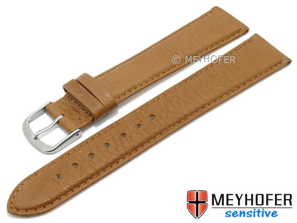Uhrenarmband XL (extralang) Appenzell 20mm hellbraun echt Leder genarbt vegetabil gegerbt abgenäht von MEYHOFER (Schließenbreite 18 mm)