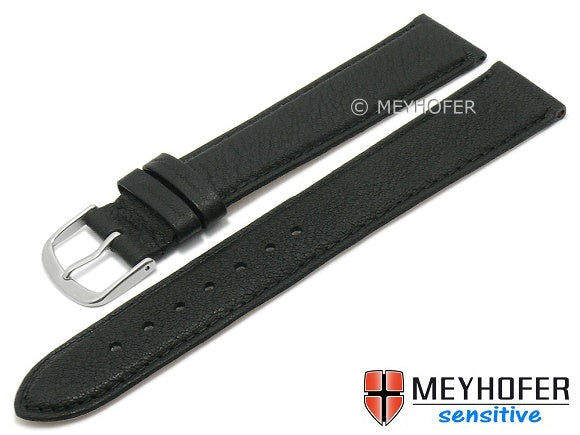 Uhrenarmband XL Appenzell 18mm schwarz Leder genarbt vegetabil abgenäht von MEYHOFER (Schließenanstoß 16 mm)