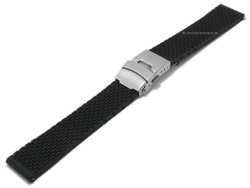 Uhrenarmband 20mm schwarz Silikon mit Struktur Sicherheits-Faltschließe & Schnellwechsel-Stegen