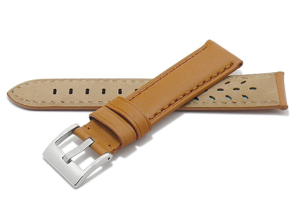 Uhrenarmband 18mm hellbraun Leder abgenäht mit Breitdornschließe (Schließenanstoß 16 mm)