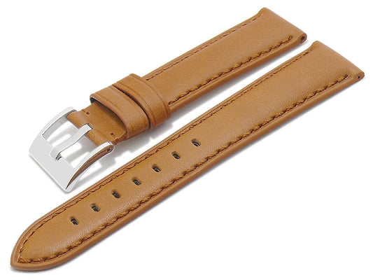 Uhrenarmband 18mm hellbraun Leder abgenäht mit Breitdornschließe (Schließenanstoß 16 mm)
