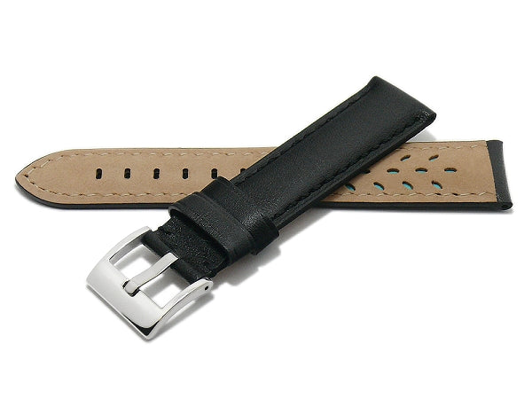 Uhrenarmband 18mm schwarz echt Leder abgenäht mit Breitdornschließe (Schließenbreite 16 mm)