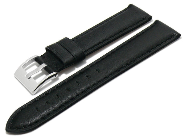 Uhrenarmband 20mm schwarz echt Leder abgenäht mit Breitdornschließe (Schließenbreite 18 mm)
