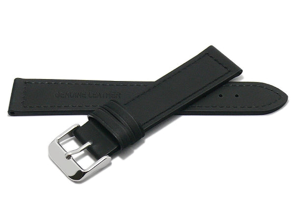 Uhrenarmband 20mm schwarz echt Leder abgenäht glatt flach (Schließenbreite 18 mm)