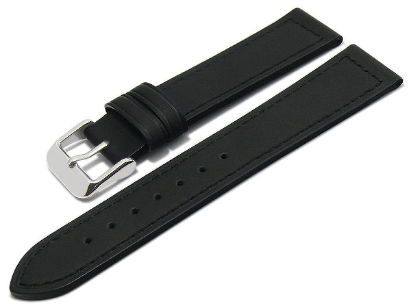 Uhrenarmband 20mm schwarz echt Leder abgenäht glatt flach (Schließenbreite 18 mm)