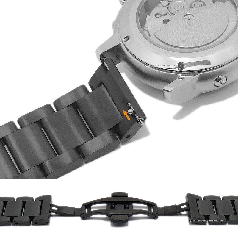 Uhrenarmband 22mm schwarz Edelstahl massiv poliert mit Faltschließe & Schnellwechsel-Stegen