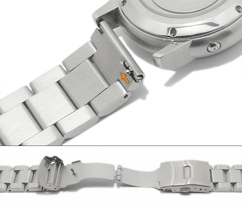 Uhrenarmband 20mm silberfarben Edelstahl massiv matt mit Faltschließe & Schnellwechsel-Stegen
