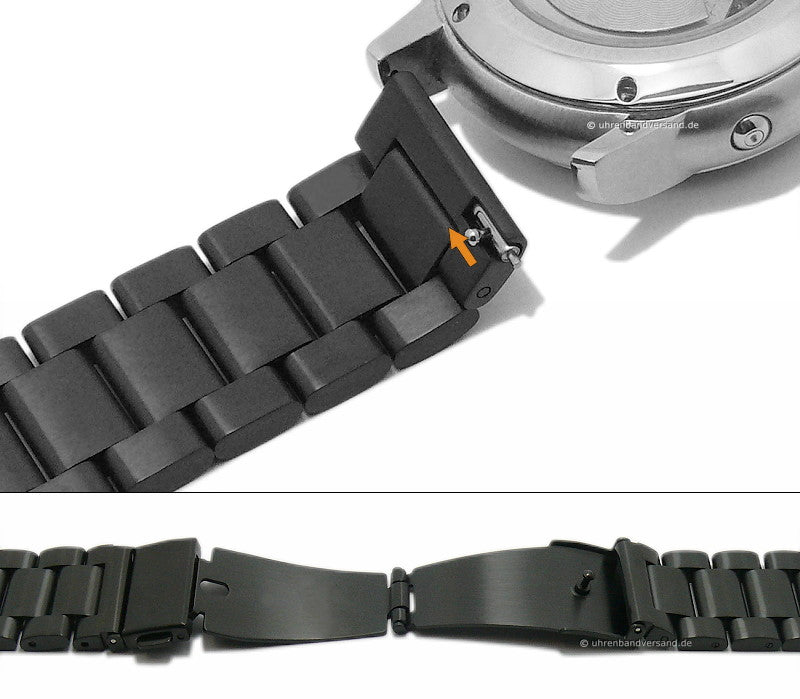 Uhrenarmband 22mm schwarz Edelstahl massiv matt Faltschließe mit Schnellwechsel-Stegen