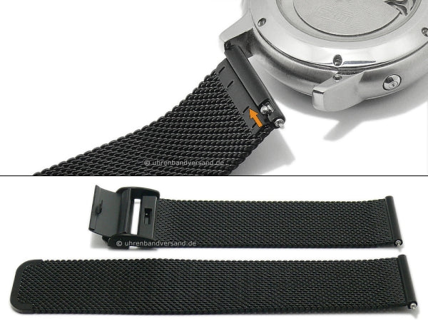 Uhrenarmband 22mm schwarz Milanaise poliert mittelschweres Geflecht mit Gleitschließe & Schnellwechsel-Stegen