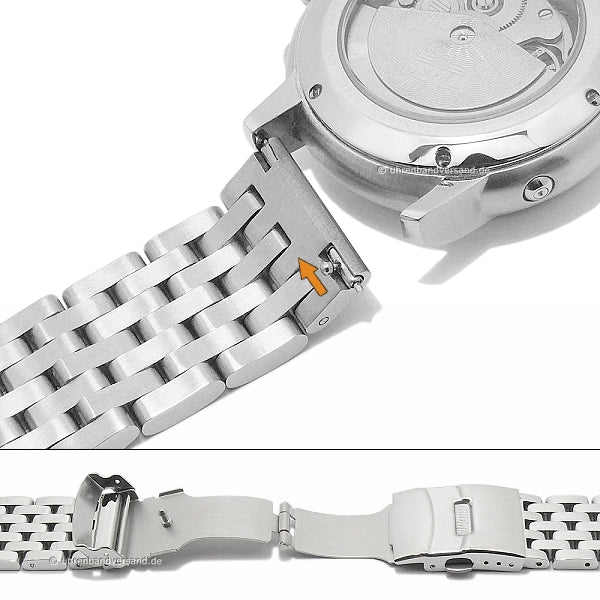 Uhrenarmband 20mm silberfarben Edelstahl massiv poliert Faltschließe mit Schnellwechsel-Stegen