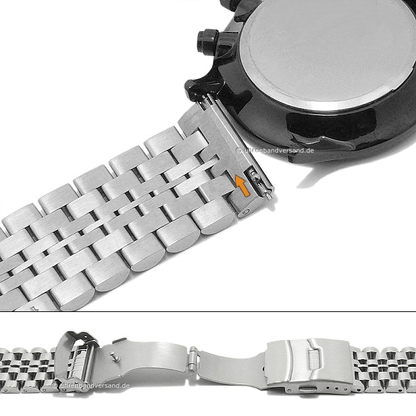 Uhrenarmband 22mm silberfarben Edelstahl massiv poliert Sicherheits-Faltschließe mit Schnellwechsel-Stegen