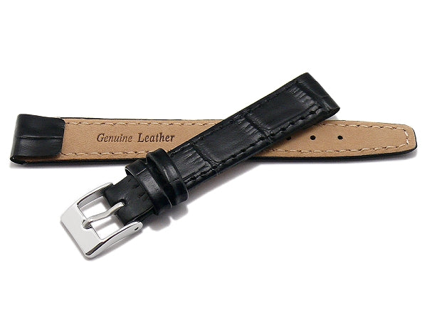 Uhrenarmband 14mm schwarz Leder Clip-Anstoß Alligator-Prägung abgenäht (Schließenanstoß 12 mm)