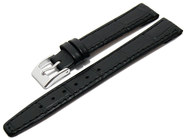Uhrenarmband 12mm schwarz Leder Clip-Anstoß Alligator-Prägung abgenäht (Schließenanstoß 10 mm)