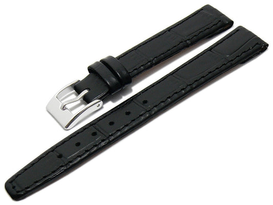 Uhrenarmband 14mm schwarz Leder Clip-Anstoß Alligator-Prägung abgenäht (Schließenanstoß 12 mm)