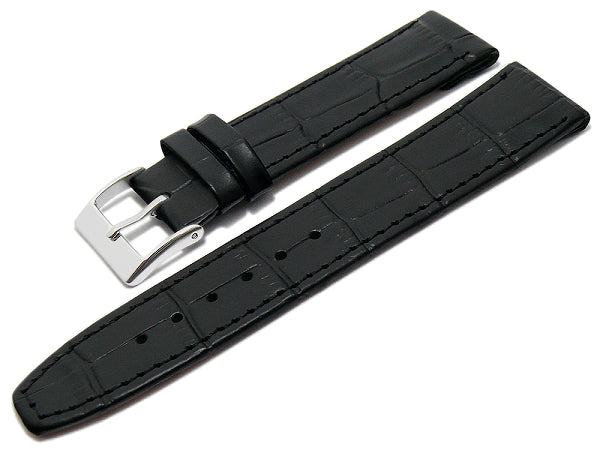 Uhrenarmband 16mm schwarz Leder Clip-Anstoß Alligator-Prägung abgenäht (Schließenanstoß 14 mm)