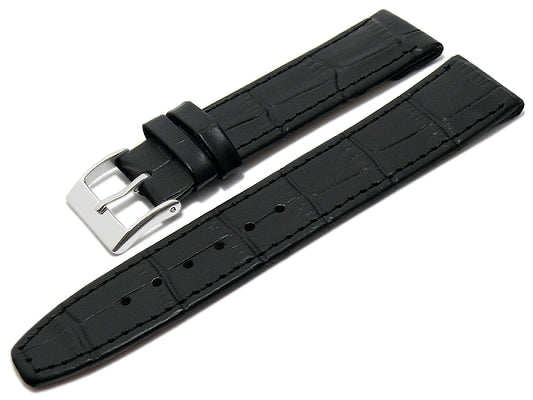 Uhrenarmband 20mm schwarz Leder Clip-Anstoß Alligator-Prägung abgenäht (Schließenanstoß 18 mm)