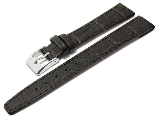 Uhrenarmband 14mm dunkelbraun Leder Clip-Anstoß Alligator-Prägung abgenäht (Schließenanstoß 12 mm)