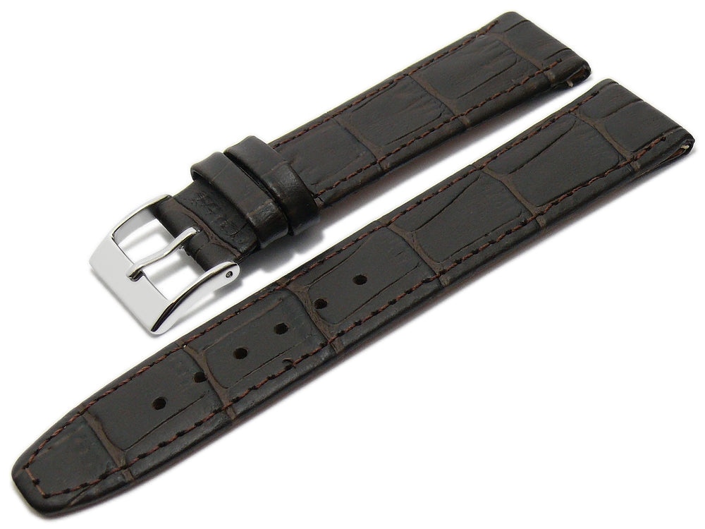 Uhrenarmband 16mm dunkelbraun Leder Clip-Anstoß Alligator-Prägung abgenäht (Schließenanstoß 14 mm)