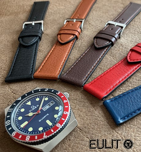 Uhrenarmband Country 20mm schwarz echt Leder genarbt abgenäht von EULIT (Schließenbreite 18 mm)