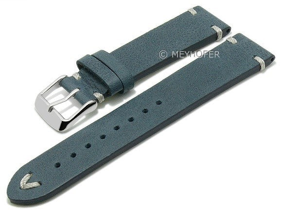 Uhrenarmband EASY-CLICK Portland 20mm mittelblau echt Leder Vintage-Style helle Kontrastnaht von MEYHOFER (Schließenbreite 18 mm)