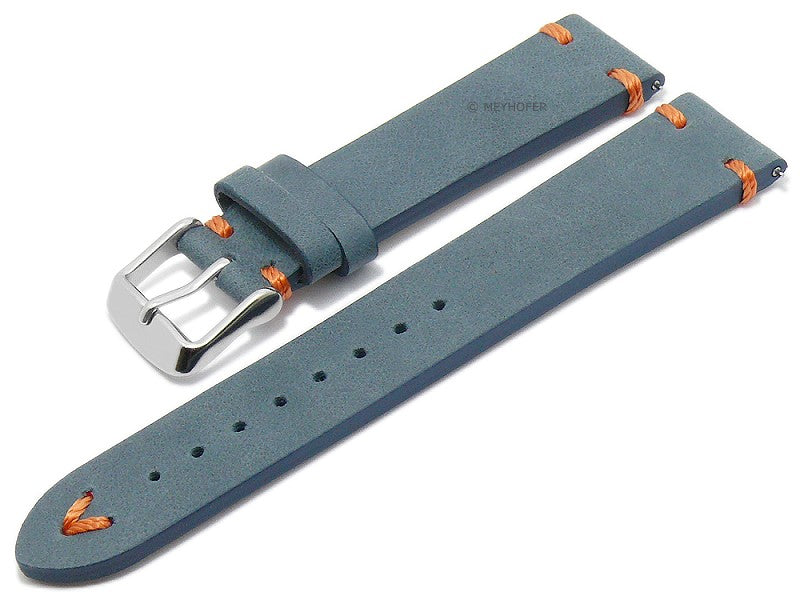 Uhrenarmband EASY-CLICK Portland 22mm mittelblau echt Leder Vintage-Style orange Kontrastnaht von MEYHOFER (Schließenbreite 20 mm)