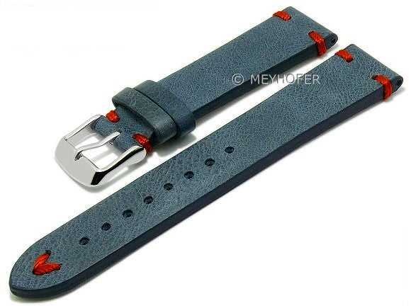 Meyhofer EASY-CLICK Uhrenarmband Portland 18mm mittelblau Leder Vintage-Look rote Naht (Schließenanstoß 16 mm)