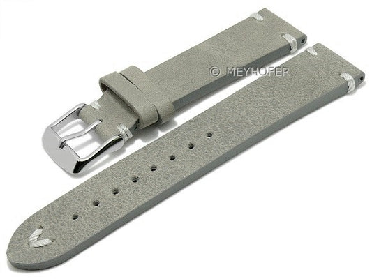 Meyhofer EASY-CLICK Uhrenarmband Portland 22mm grau Leder Vintage-Look helle Naht (Schließenanstoß 20 mm)