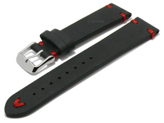 Meyhofer EASY-CLICK Uhrenarmband Portland 20mm schwarz Leder Vintage-Look rote Naht (Schließenanstoß 18 mm)
