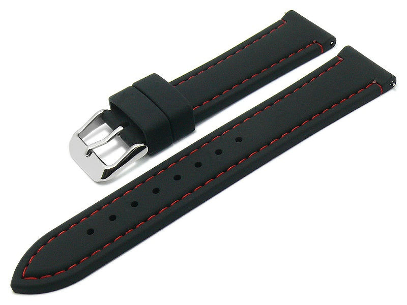 Uhrenarmband EASY-CLICK Millwood 20mm schwarz Silikon glatt rote Kontrastnaht von MEYHOFER (Schließenbreite 18 mm)