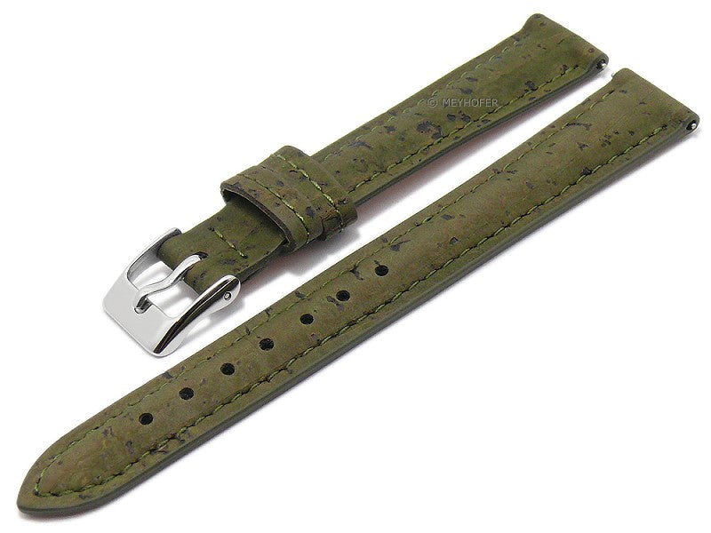 Meyhofer EASY-CLICK Uhrenarmband Elmhurst 14mm olivgrün echt Kork VEGAN abgenäht (Schließenanstoß 12 mm)