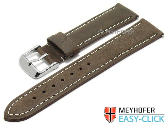 Meyhofer EASY-CLICK Uhrenarmband Bryce 24mm dunkelbraun Leder Vintage-Look helle Naht (Schließenanstoß 22 mm)
