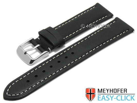 Meyhofer EASY-CLICK Uhrenarmband Bryce 22mm schwarz Leder leichter Vintage-Look helle Naht (Schließenanstoß 20 mm)