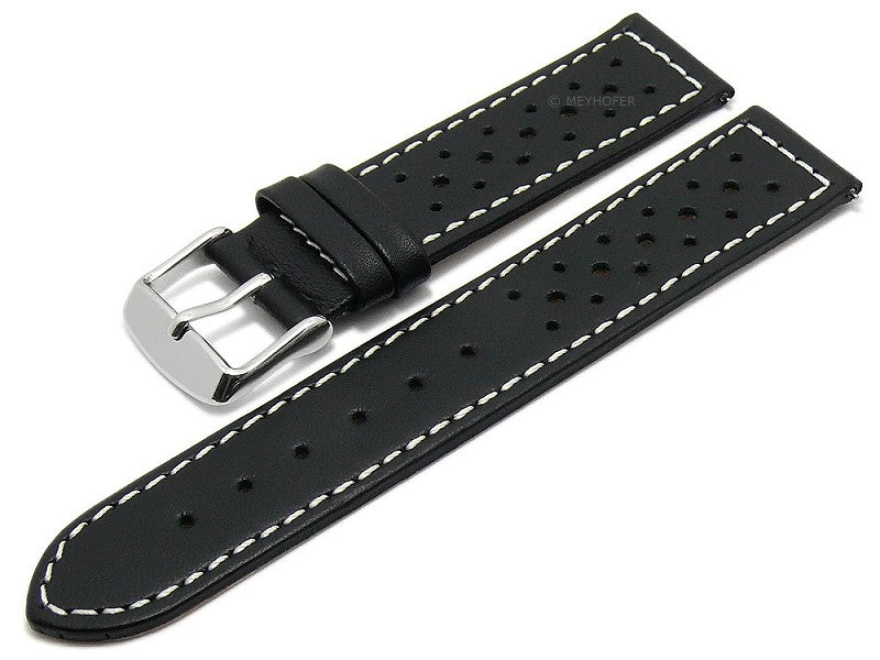 Meyhofer EASY-CLICK Uhrenarmband Alton 18mm schwarz Leder Racing-Look helle Naht (Schließenanstoß 18 mm)