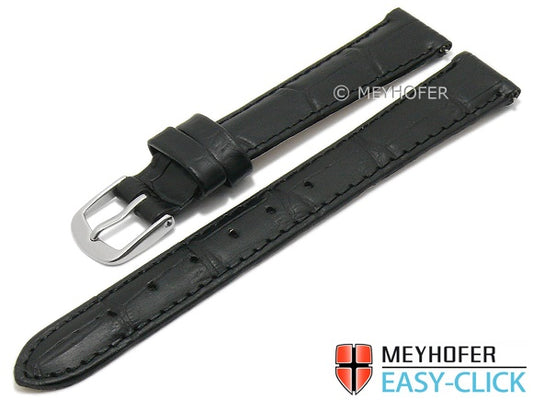 Meyhofer EASY-CLICK Uhrenarmband Sacaton 13mm schwarz Leder Alligator-Prägung abgenäht (Schließenanstoß 12 mm)