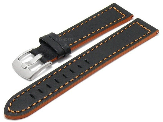 Uhrenarmband EASY-CLICK Rushmore 20mm schwarz echt Leder glatt orange Kontrastnaht von MEYHOFER (Schließenbreite 18 mm)