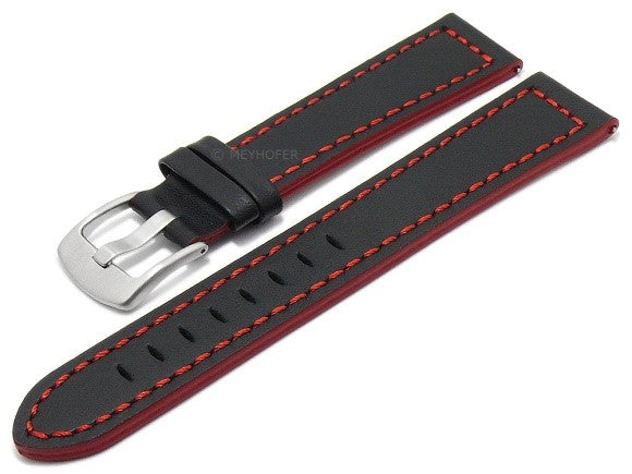 Uhrenarmband EASY-CLICK Rushmore 20mm schwarz echt Leder glatt rote Kontrastnaht von MEYHOFER (Schließenbreite 18 mm)