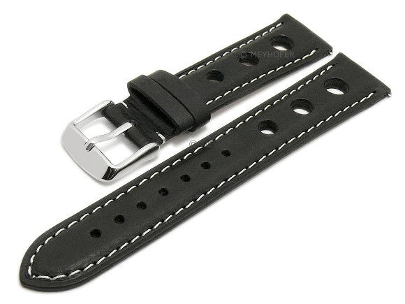 Meyhofer EASY-CLICK Uhrenarmband Castletown 18mm schwarz Leder Racing-Look helle Naht (Schließenanstoß 16 mm)
