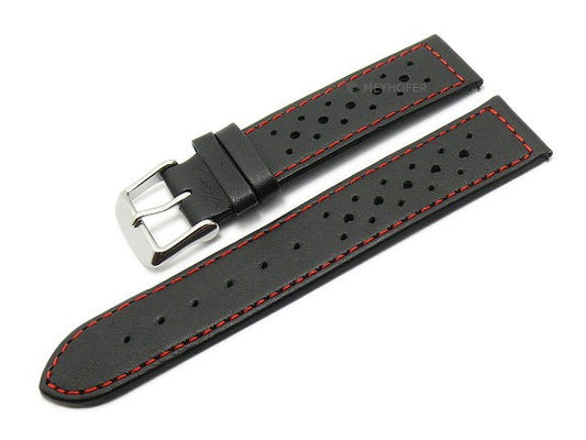 Meyhofer EASY-CLICK Uhrenarmband Alton Special 22mm schwarz Leder Racing-Look rote Naht (Schließenanstoß 20 mm)
